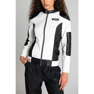 NWT Ahiri Kelly Colorblock Faux Leather Racing Jacket White/Black Women's Small